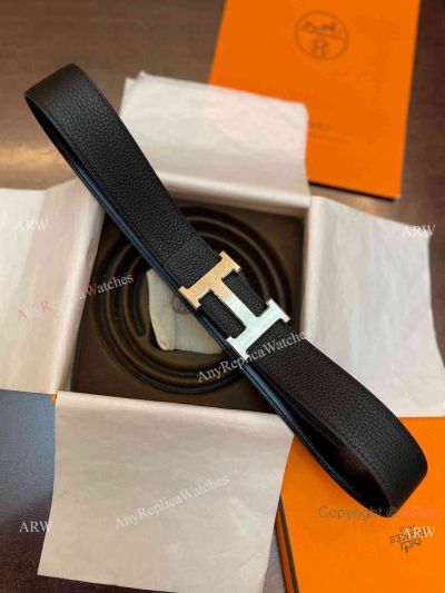 Classic Model Hermes Brushed Belt Buckle and So Black Leather Strap